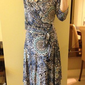Lycra A-line midi dress - blue and black pattern